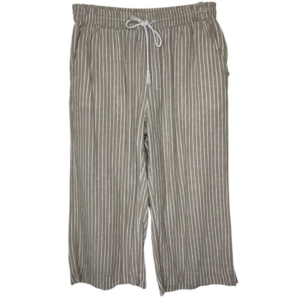 Beach Lunch Lounge Linen Blend Wide Leg Crop Pants Beige Stripe  Vacation Small